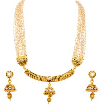 JFL - Traditional & Ethnic One Gram Gold Plated White Pearl & Polki Designer Necklace Set  1