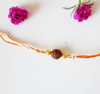 Orange Rudraksh And Gold Rakhi 1