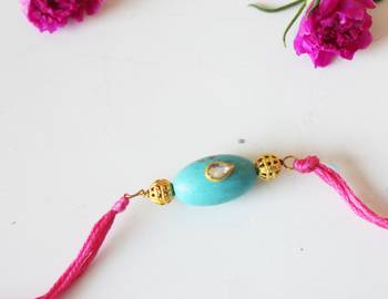 Turquoise And Pink Kundan Work Rakhi 1