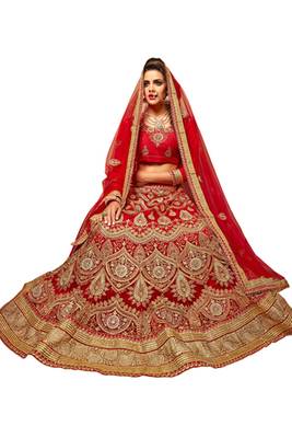 Red embroidered net lehenga choli 1