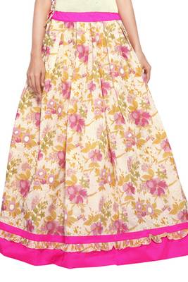 Beige and pink cotton chanderi flower print skirt 1