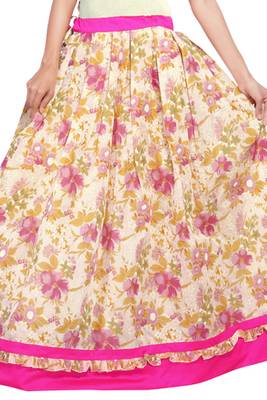 Beige and pink cotton chanderi flower print skirt 2