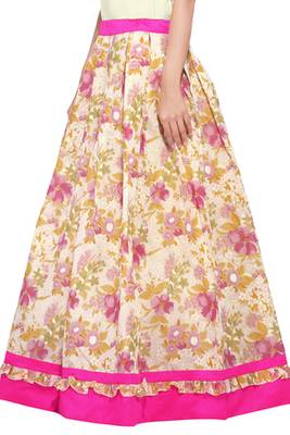Beige and pink cotton chanderi flower print skirt 3