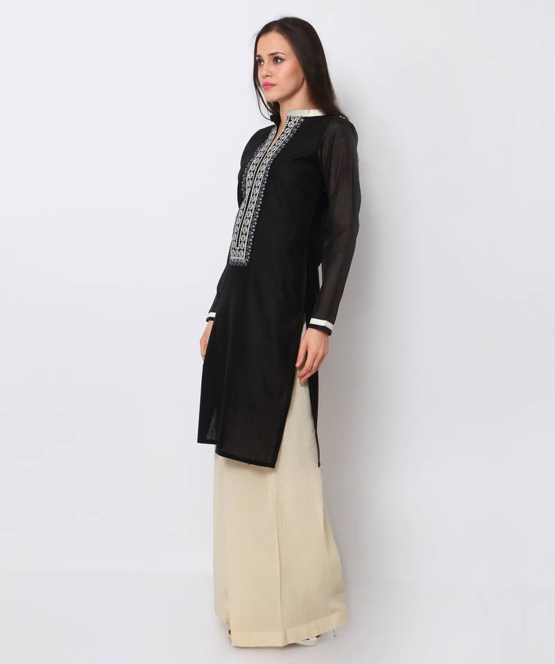 Black Cotton Embroidered Kurti