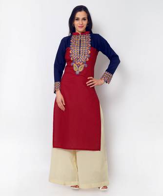 Red Cotton Embroidered Kurti 1