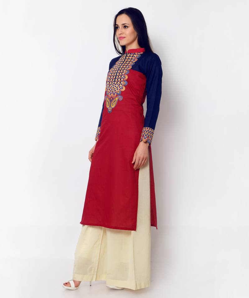 Red Cotton Embroidered Kurti