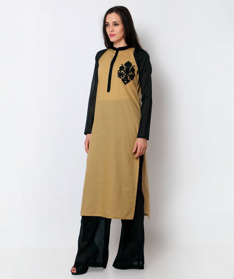 Light brown cotton embroidered stitched kurti