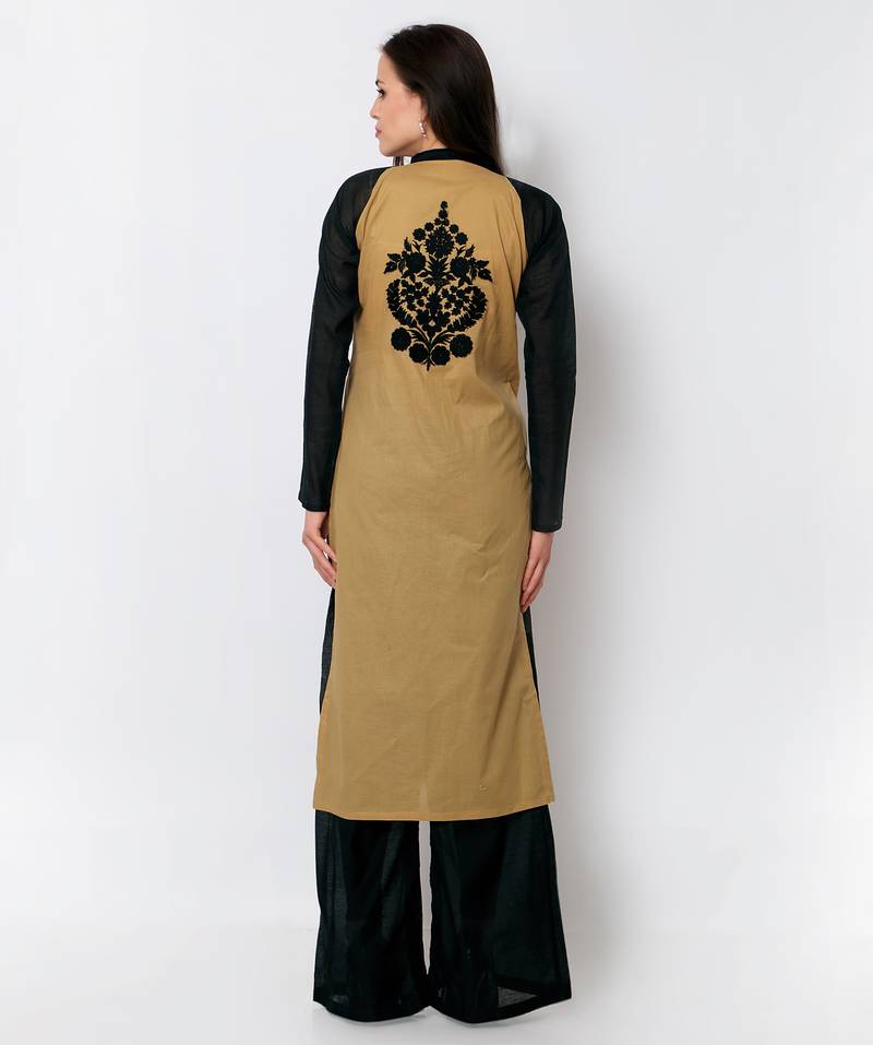 Light brown cotton embroidered stitched kurti
