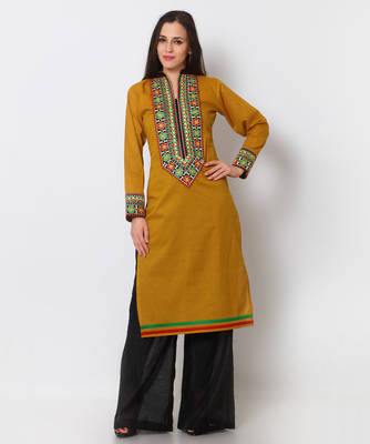Mustard Cotton Embroidered Kurti 1