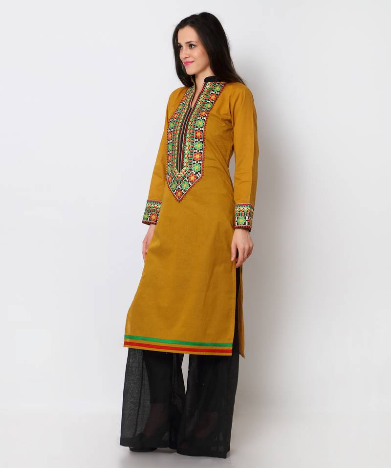 Mustard Cotton Embroidered Kurti