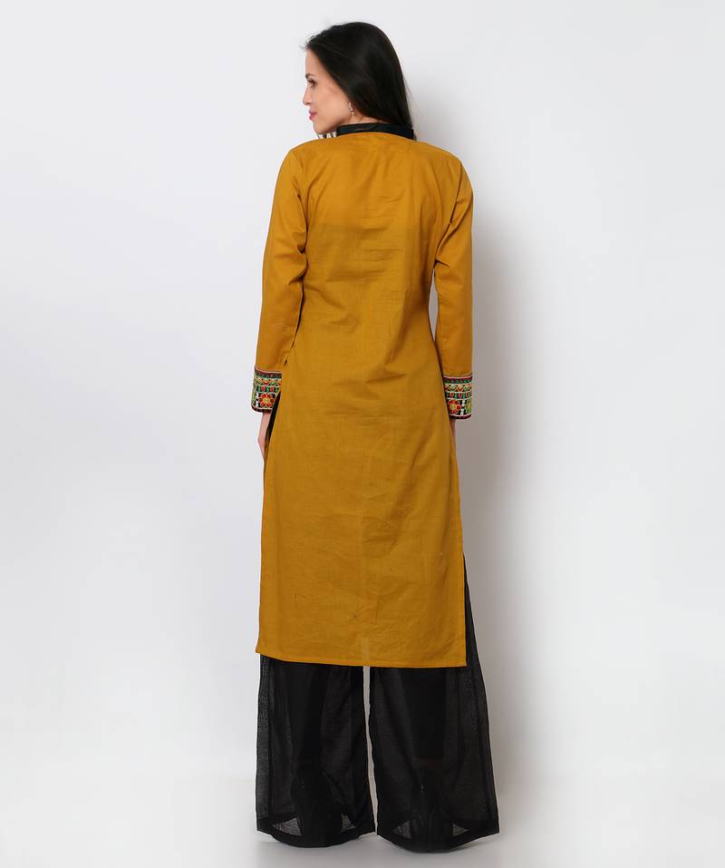 Mustard Cotton Embroidered Kurti