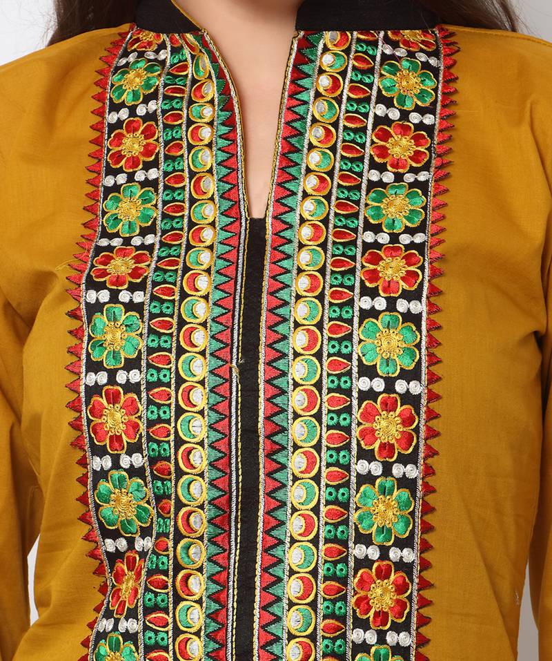 Mustard Cotton Embroidered Kurti