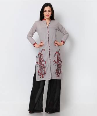 Grey cotton embroidered stitched fancy kurti 1