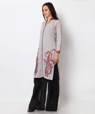 Grey cotton embroidered stitched fancy kurti 2