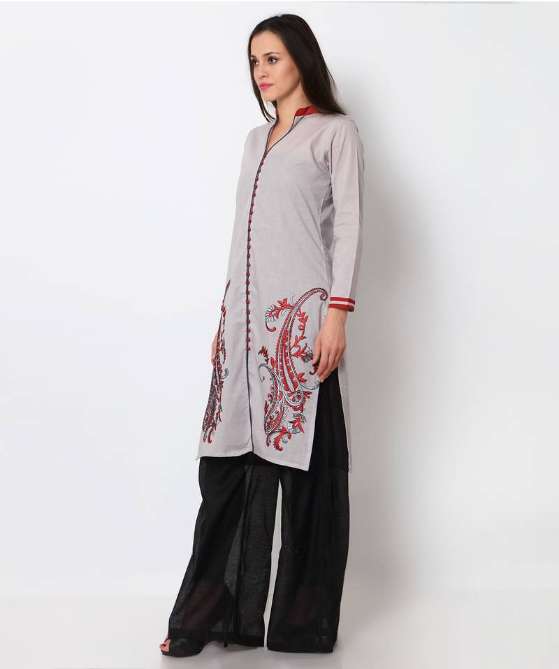 Grey cotton embroidered stitched fancy kurti