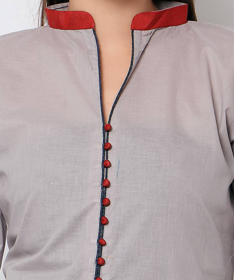 Grey cotton embroidered stitched fancy kurti