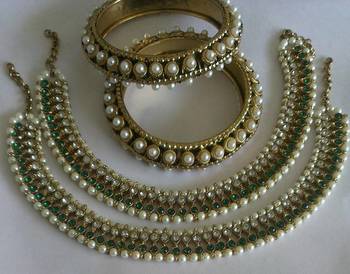 Designer Green colour Anklets with Traditional Pearl Bangles 1