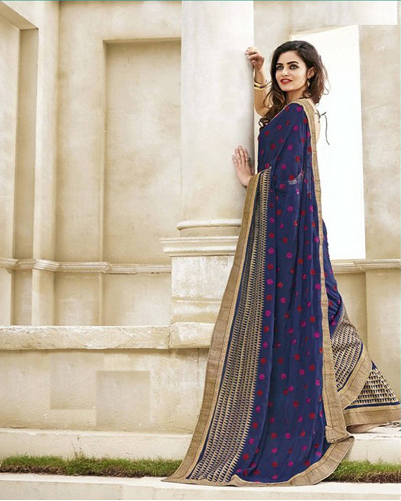 blue embroidered satin saree with blouse