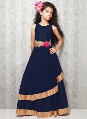 blue satin designer embroidered partywear kids gown kids wear 1