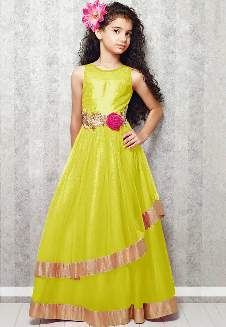 yellow satin designer embroidered partywear kids gown kids wear