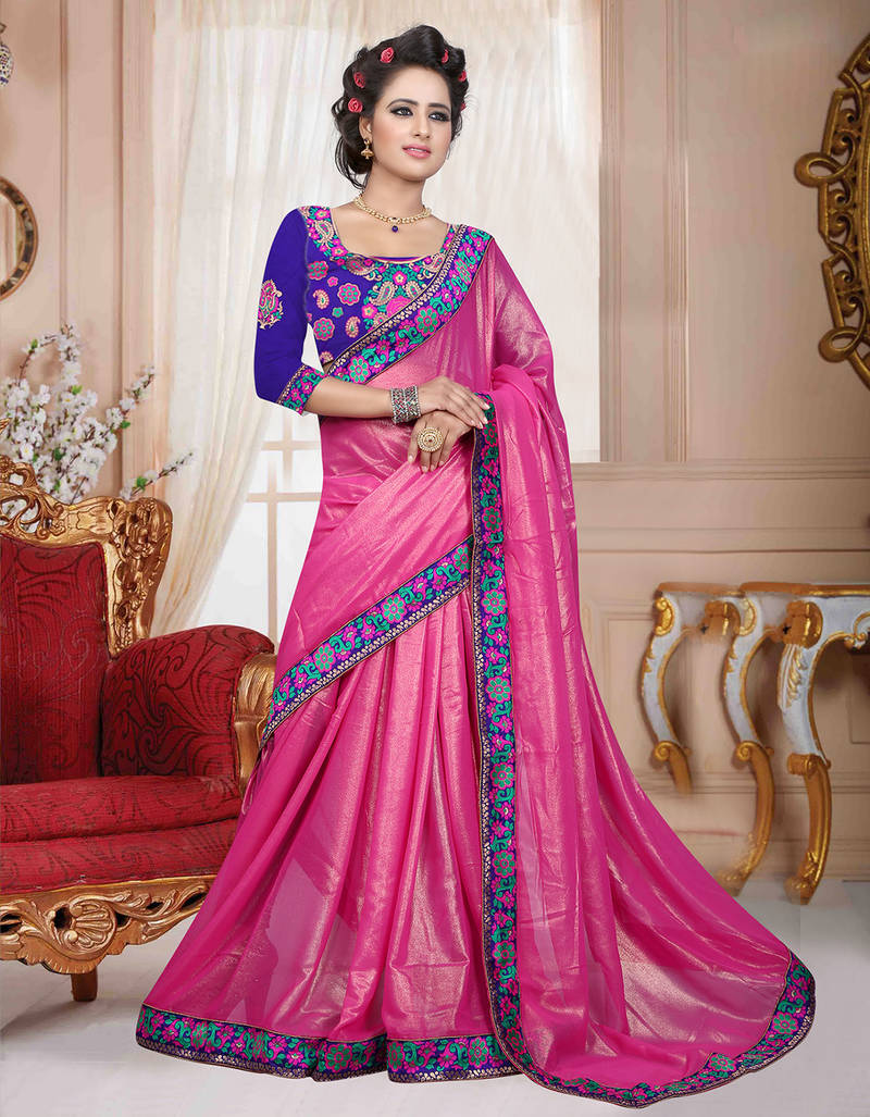 pink embroidered shimmer saree With Blouse