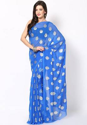 Teal Blue Chiffon Printed Saree Without Blouse 1
