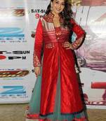 Madhuri dixit red & turquoise satin net bollywood anarkali suit