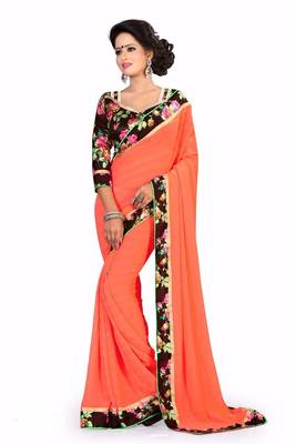 Orange printed chiffon saree With Blouse 1