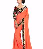 Orange printed chiffon saree With Blouse
