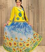 Cool Blue And Lemon Yellow Colour Rajasthani Poshak With Digital Prints And Hand Work Embroidery