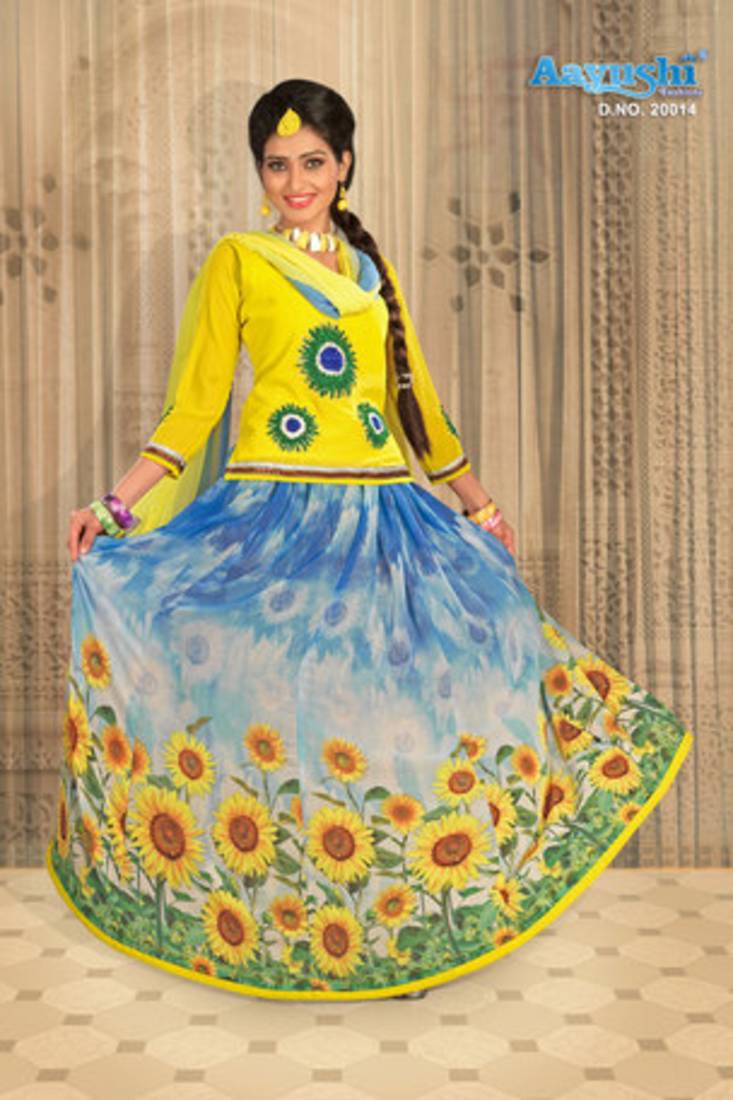 Cool Blue And Lemon Yellow Colour Rajasthani Poshak With Digital Prints And Hand Work Embroidery