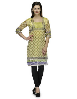Yellow net woven stitched kurti 1