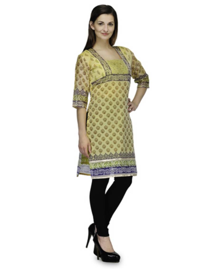 Yellow net woven stitched kurti