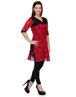 Red cotton woven stitched kurti 2