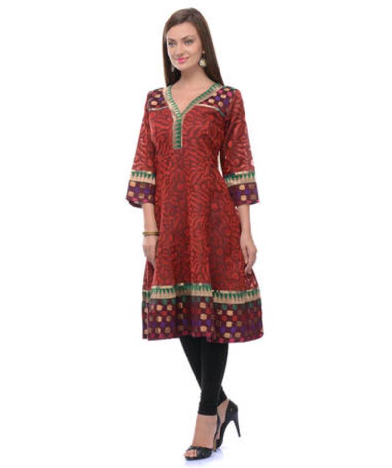 Maroon net woven stitched kurti