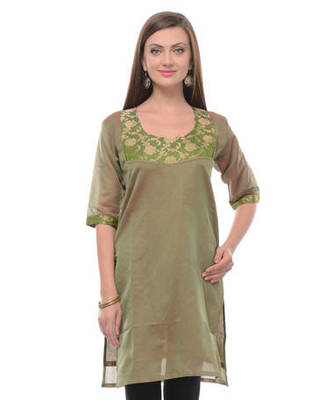 Green cotton woven stitched kurti 1
