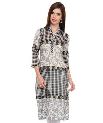 Black and white cotton woven stitched kurti 1