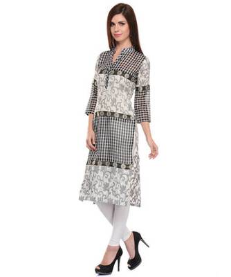 Black and white cotton woven stitched kurti 2