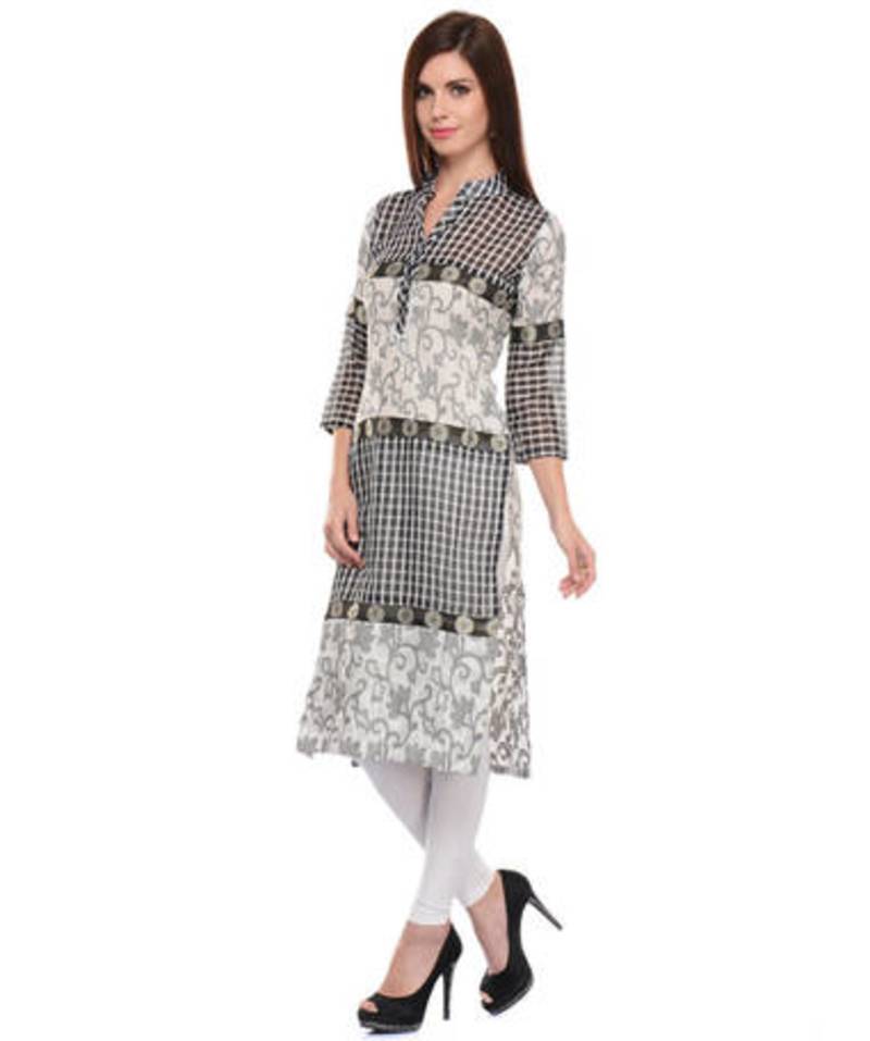 Black and white cotton woven stitched kurti