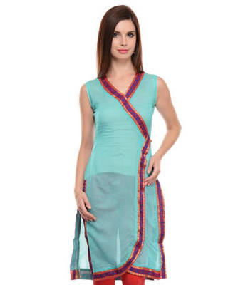 Sky blue cotton woven stitched kurti 1