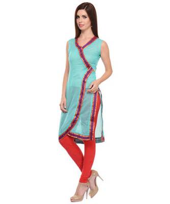 Sky blue cotton woven stitched kurti 2