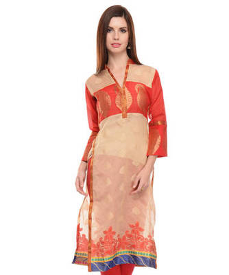 Beige cotton woven stitched kurti 1