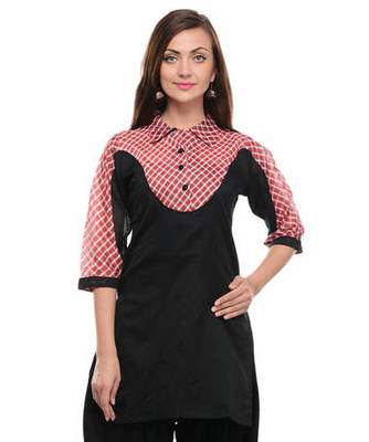 Black cotton woven stitched kurti 1