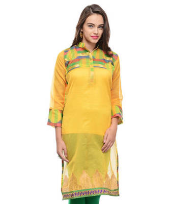 Yellow cotton woven stitched kurti 1