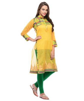 Yellow cotton woven stitched kurti 2