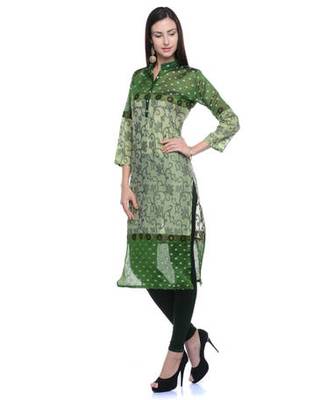 Green cotton woven stitched kurti 2