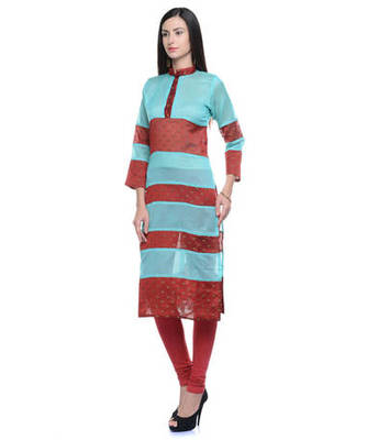 Sky blue cotton woven stitched kurti 1