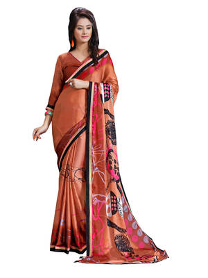 Brown printed Satin & Chiffon saree With Blouse 1