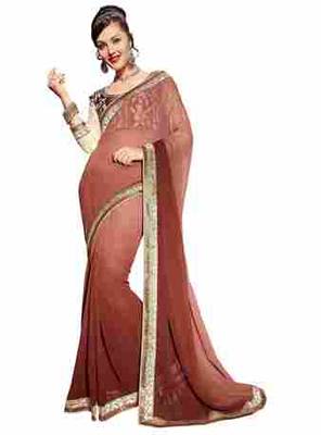 brown embroidered faux georgette saree with blouse 1
