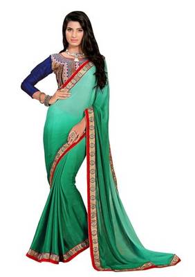 green embroidered faux jacquard saree with blouse 1